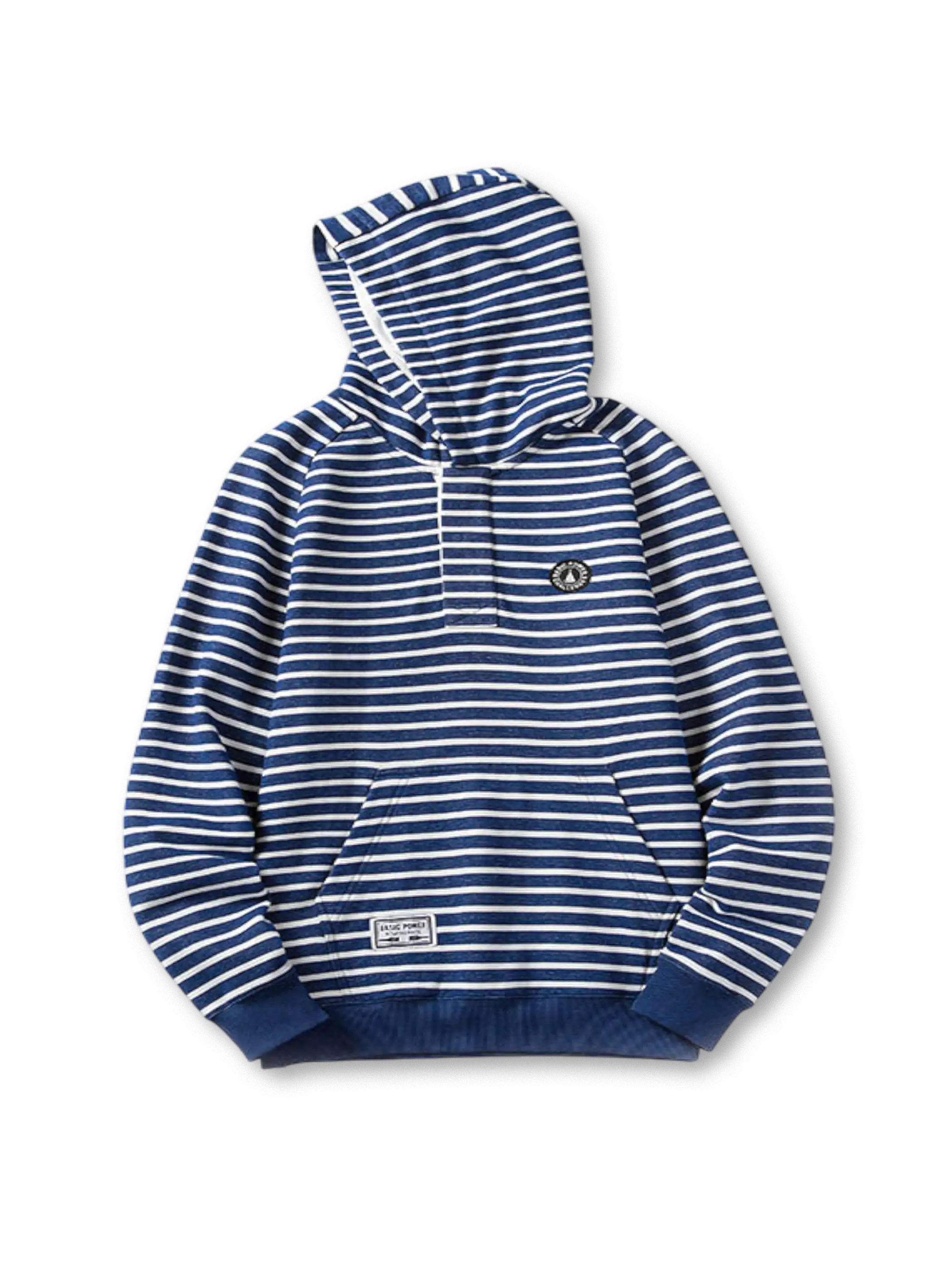 ネイビーボーダー柄とゆったりシルエットが特徴のフーディ。軽量で伸縮性のある快適素材使用。