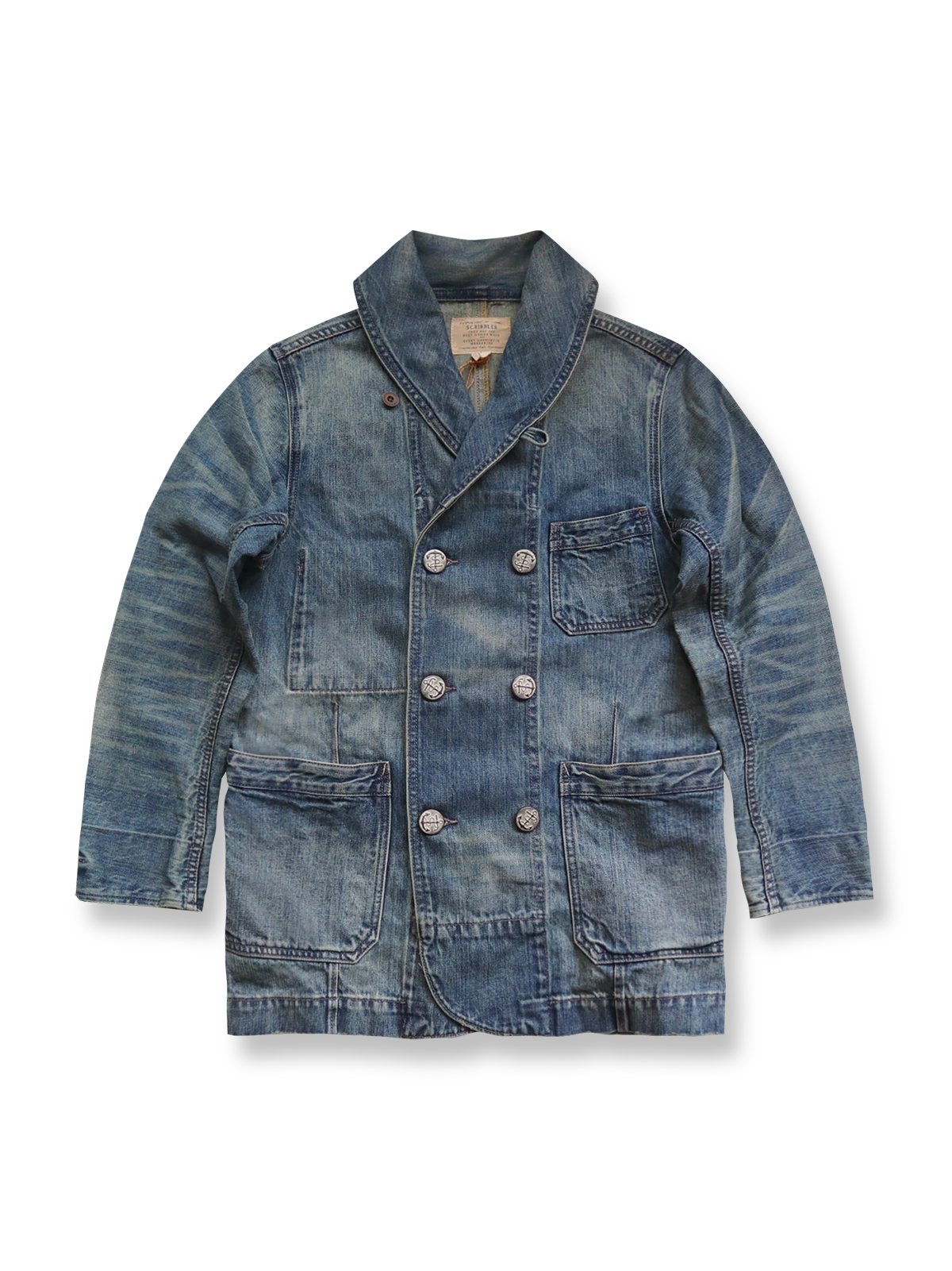 海軍風大襟ダブルブレストトレンチコート、セルビッチデニム使用