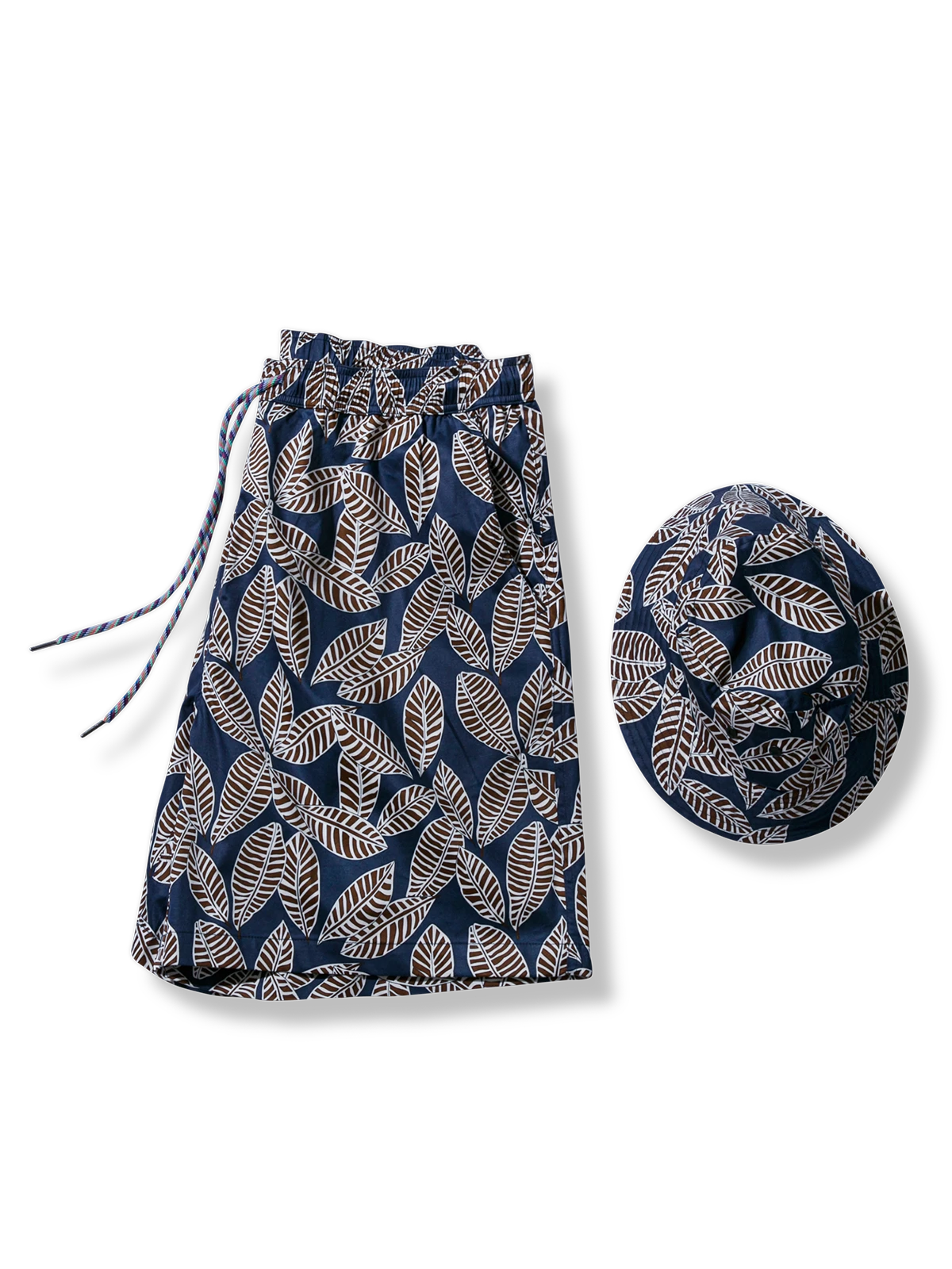 ネイビー葉柄ショートパンツ&バケットハットセット、ゆったりシルエット、カラフルドローコード、混紡素材