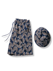 ネイビー葉柄ショートパンツ&バケットハットセット、ゆったりシルエット、カラフルドローコード、混紡素材