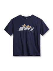 ピンナップガールプリントと船錨チェーン刺繍が特徴のレトロマリンテイストTシャツ