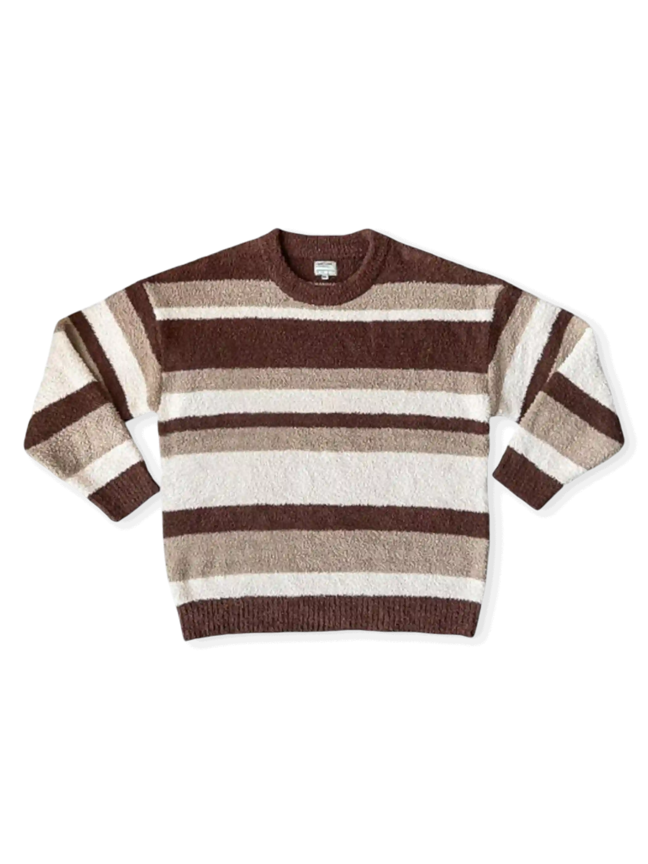 470g半辺フリース素材使用、低彩度ストライプ配色のショート丈ボックスシルエットニット。