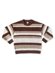 470g半辺フリース素材使用、低彩度ストライプ配色のショート丈ボックスシルエットニット。