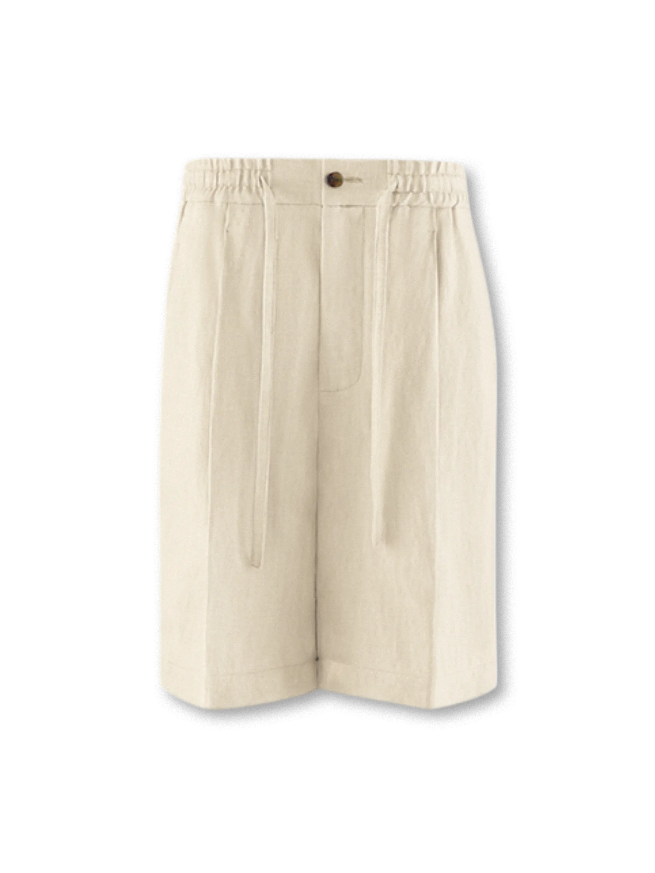 ヘビーウェイトノルマンディーリネンとセンタープレスが特徴の単プリーツショーツ