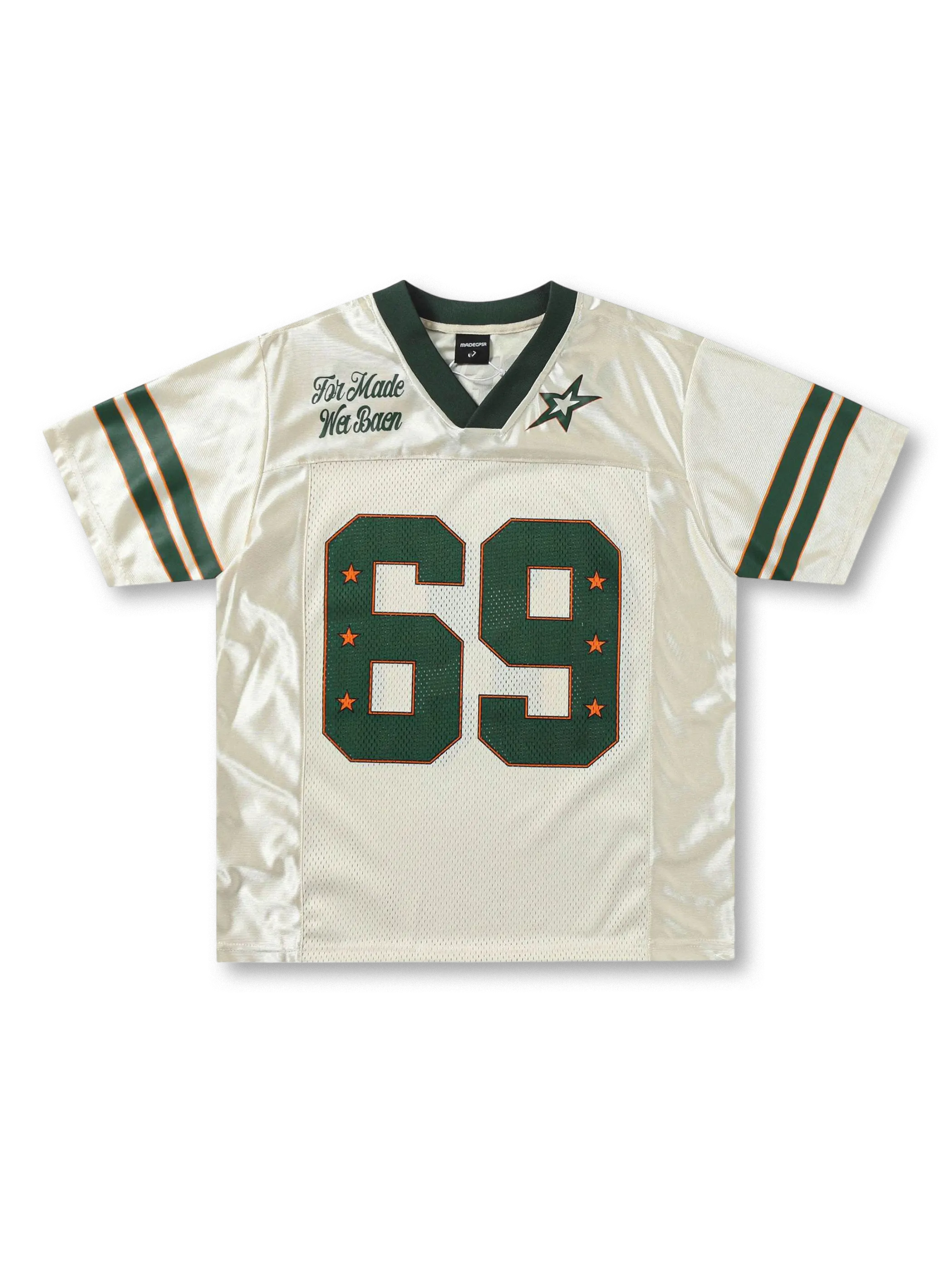 大きな「69」ナンバーと星モチーフ、胸元刺繍入りのポリエステルメッシュとサテンパネル切り替えフットボールジャージ。