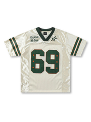 大きな「69」ナンバーと星モチーフ、胸元刺繍入りのポリエステルメッシュとサテンパネル切り替えフットボールジャージ。