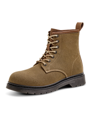 オイルワックスキャンバスとフルグレインレザー裏地を使用したワークブーツ。