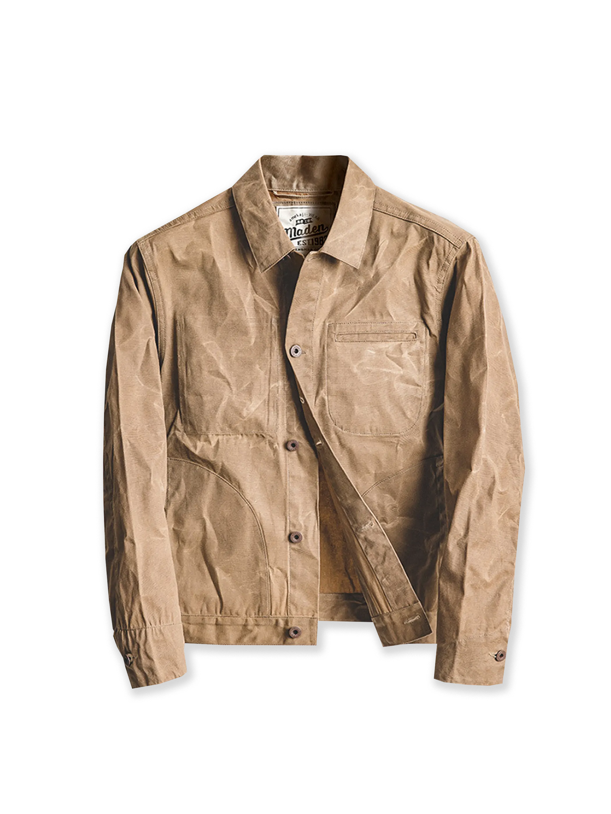 Nihon Menpu製オイルワックス加工キャンバス生地を使用したクラシックなアメリカンワークウェア風ジャケット。撥水性と経年変化を楽しめるデザイン。