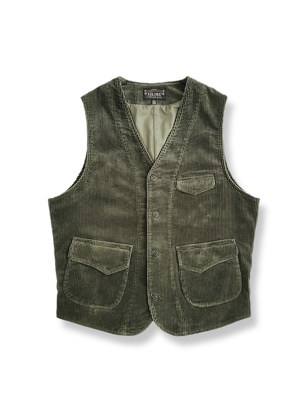 オリーブグリーンのコーデュロイ素材を使用したスリムフィットベスト。