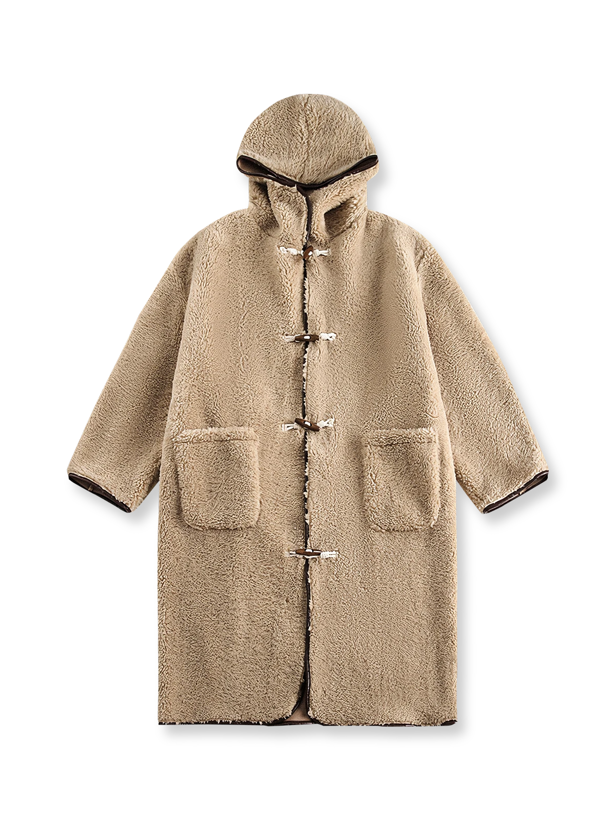 ムートン一体シープボアのダッフルコート。トグルボタンとレザーパイピングが特徴の暖かく洗練された一着。