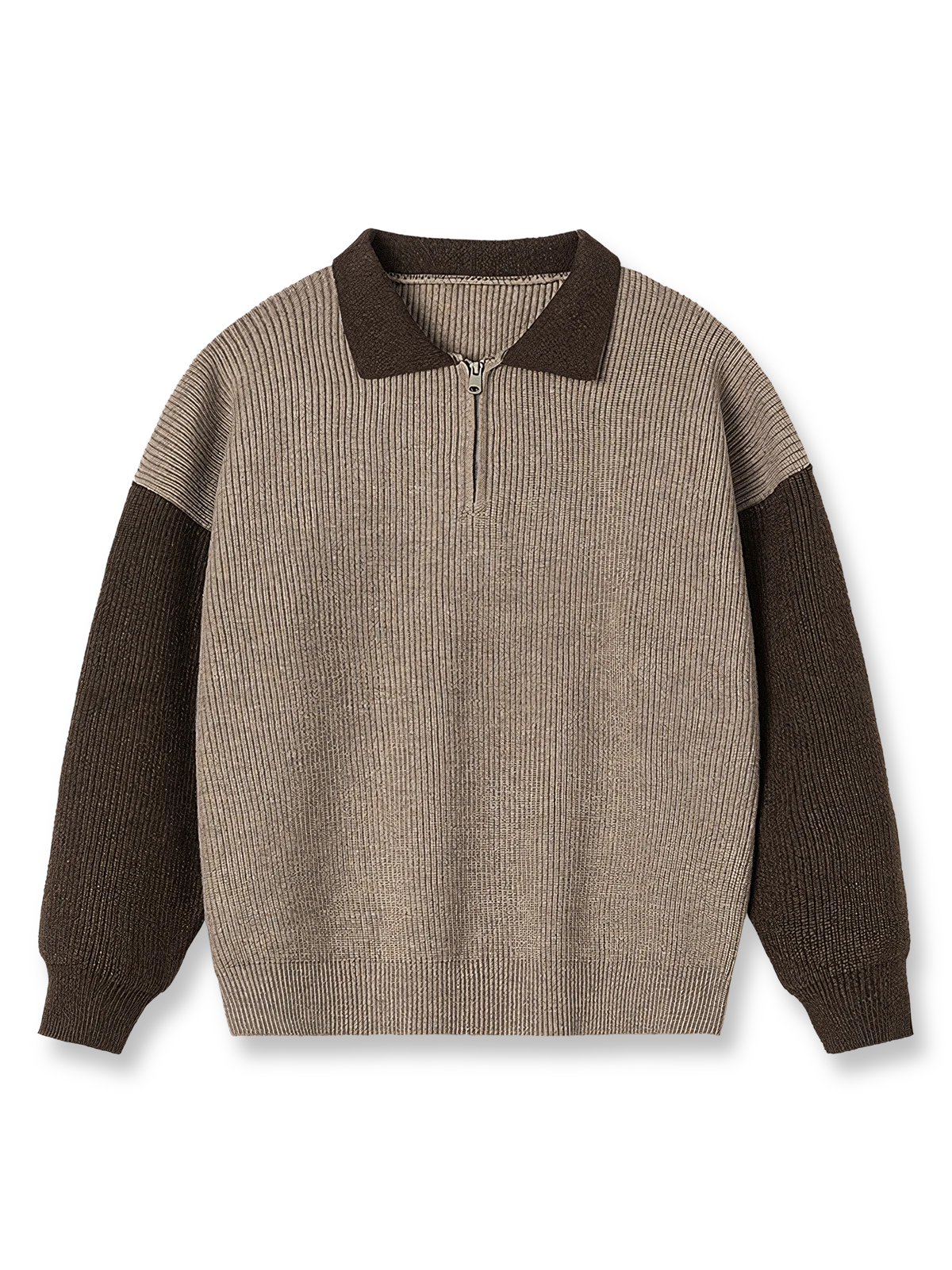 アメリカンスタイルの開襟バイカラーニットセーター。ジッパー付き襟とバイカラー袖デザインが特徴。
