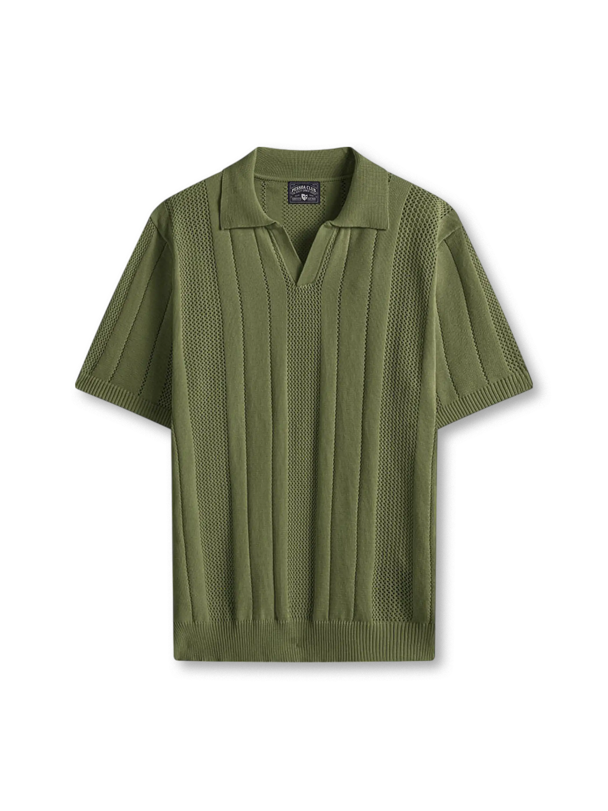 リブとメッシュ編みが映えるオープンカラーニットポロシャツ