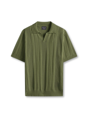 リブとメッシュ編みが映えるオープンカラーニットポロシャツ