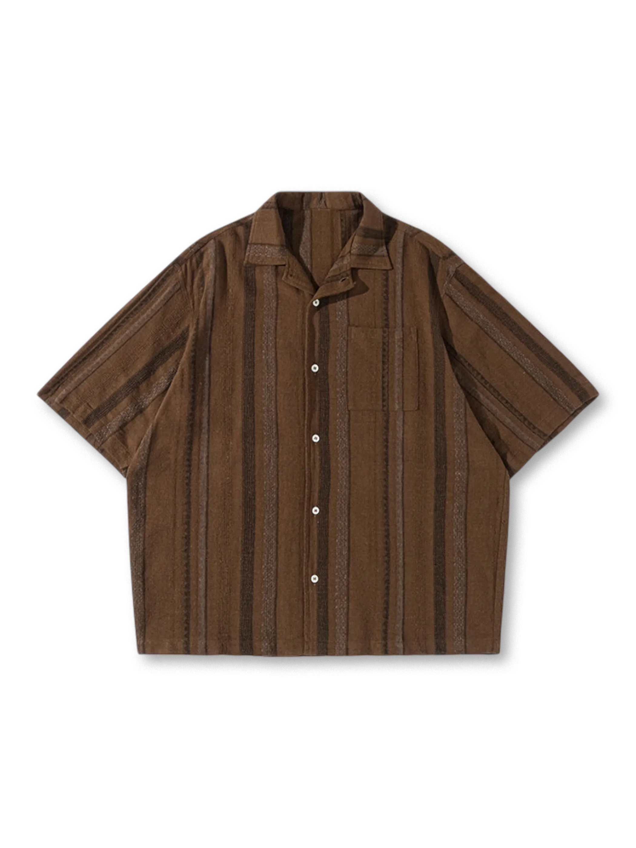 1950年代キャンプシャツをルーツに持つブラウンストライプの開襟シャツ