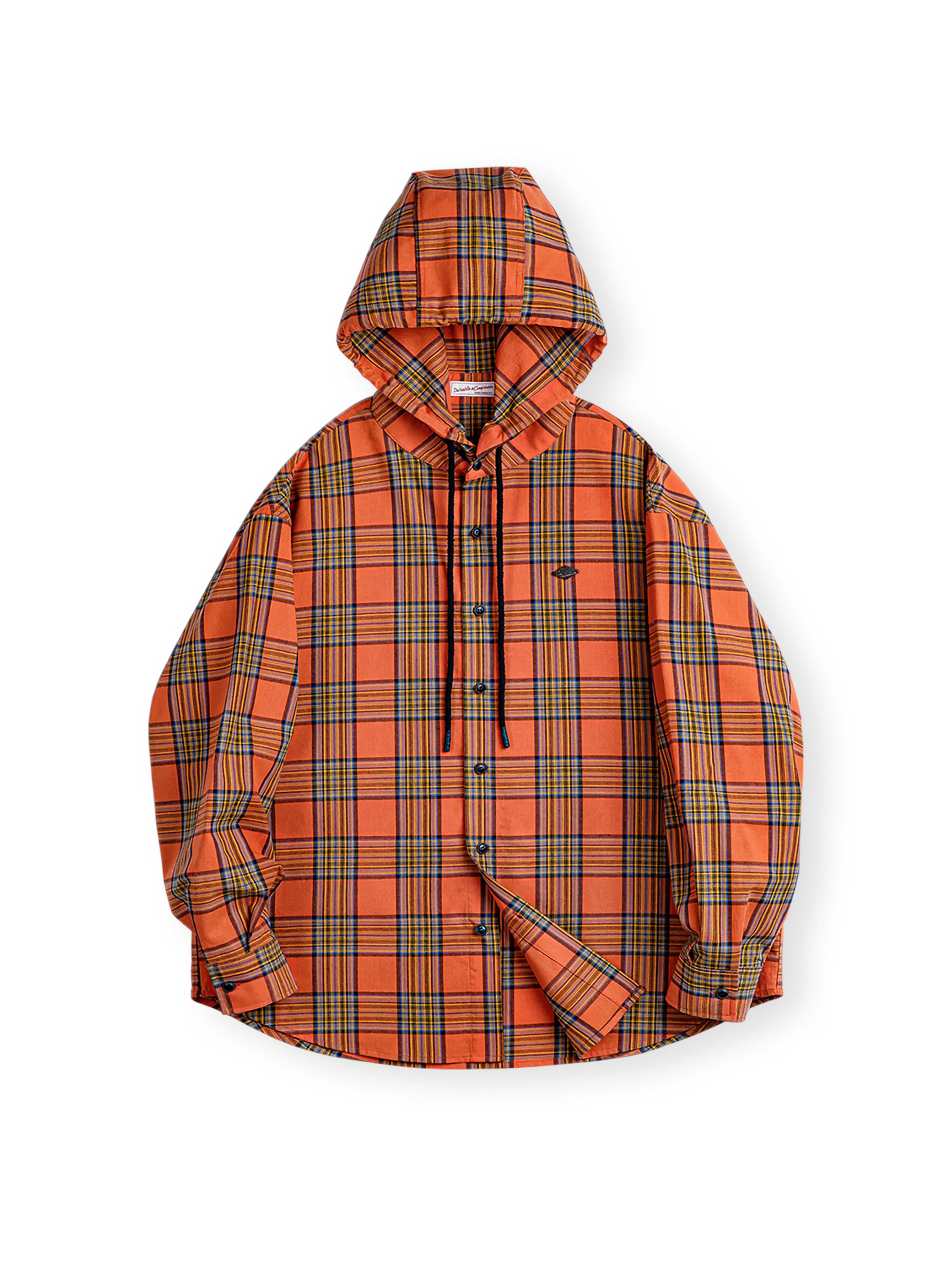 鮮やかなオレンジチェック柄のコットンフーディーシャツ。ドローコード付きフードと弧状裾が特徴。
