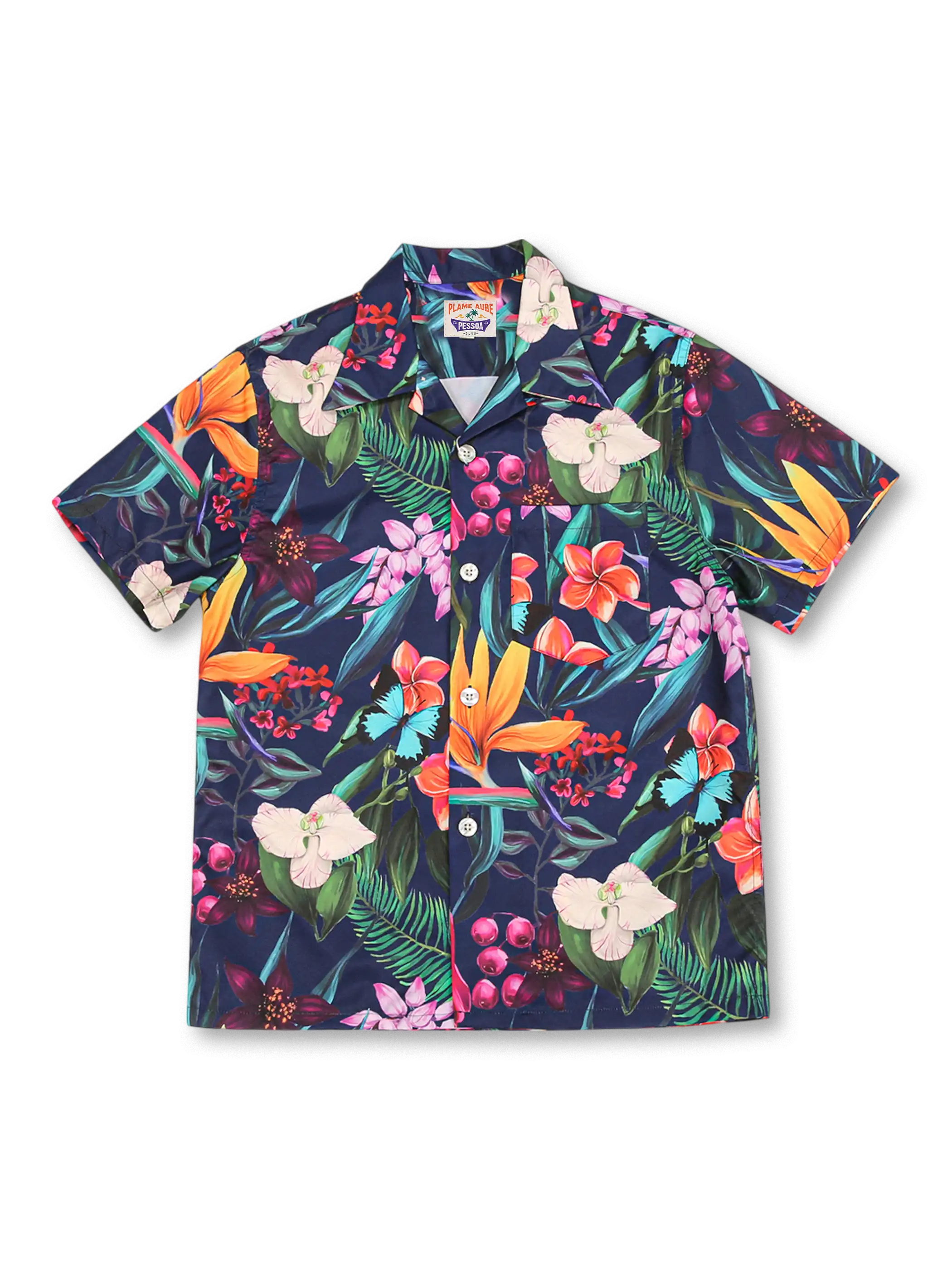蝶蘭と極楽鳥花のトロピカルプリントが映えるキューバカラーシャツ