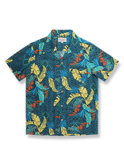 オーガニックコットン素材にヤシボタンを配したハワイアンプリント半袖シャツ