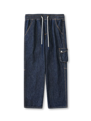 ウエストゴムとドローストリング付きのシンプルで機能的なオリジナルデニムワークパンツ。