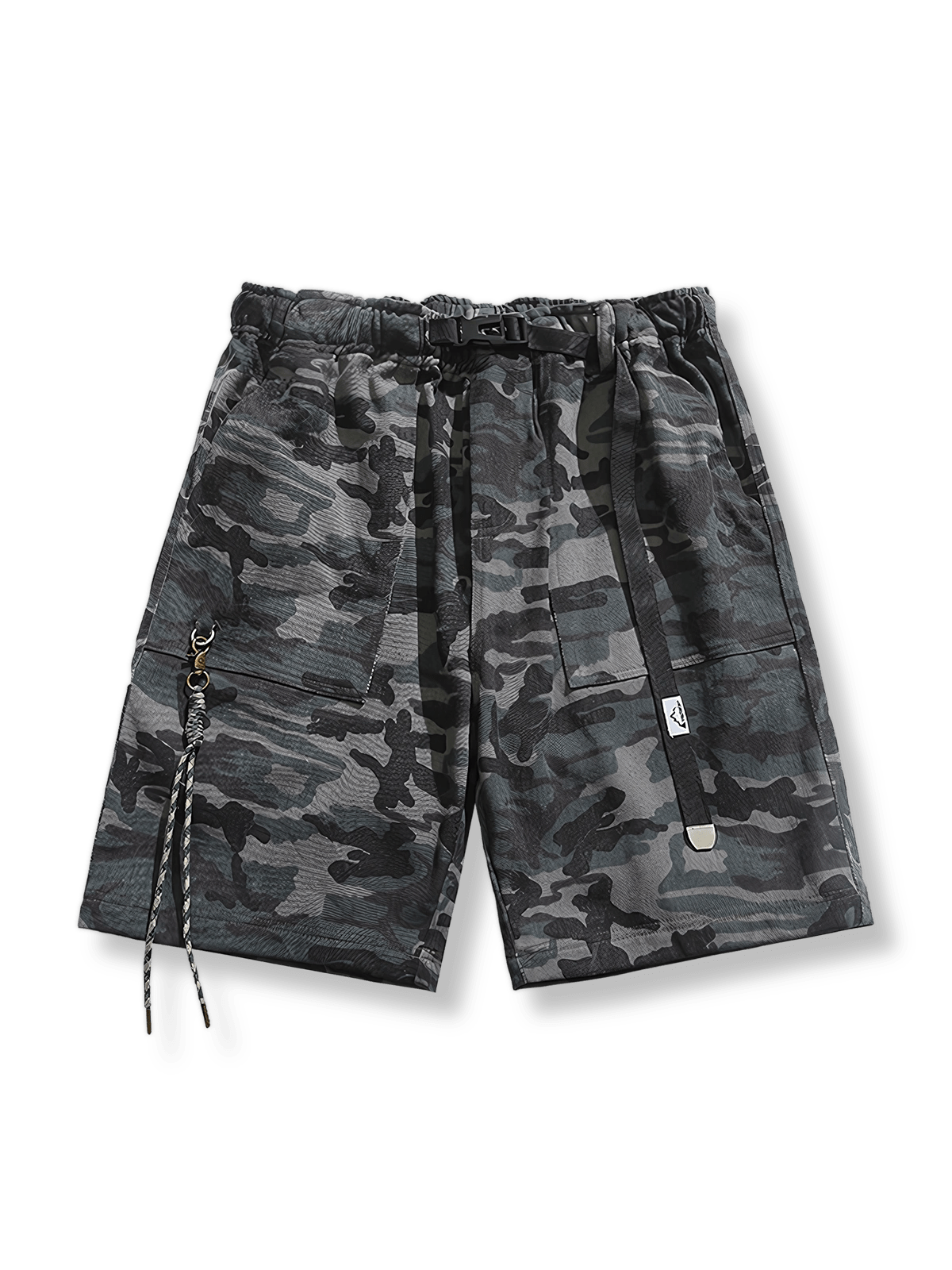 アウトドア向け迷彩柄とカーゴポケットを備えたリラックスフィットショートパンツ