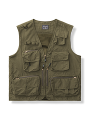 ナイロン表地とメッシュ裏地を備えた多ポケットアウトドアベスト。