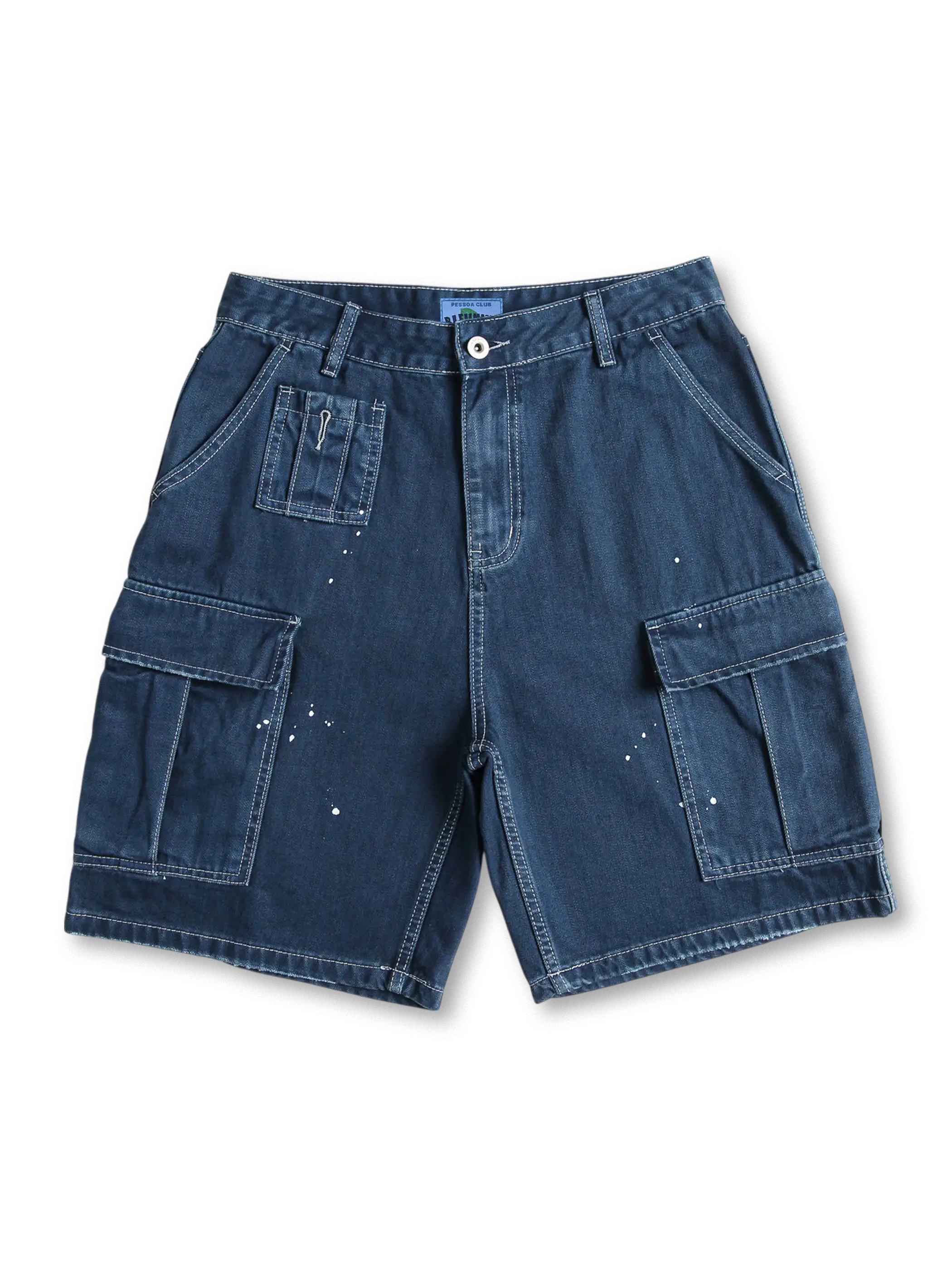 ペイントスプラッター加工が特徴のタフなコットンデニム五分丈ショーツ、実用的なカーゴポケット付き