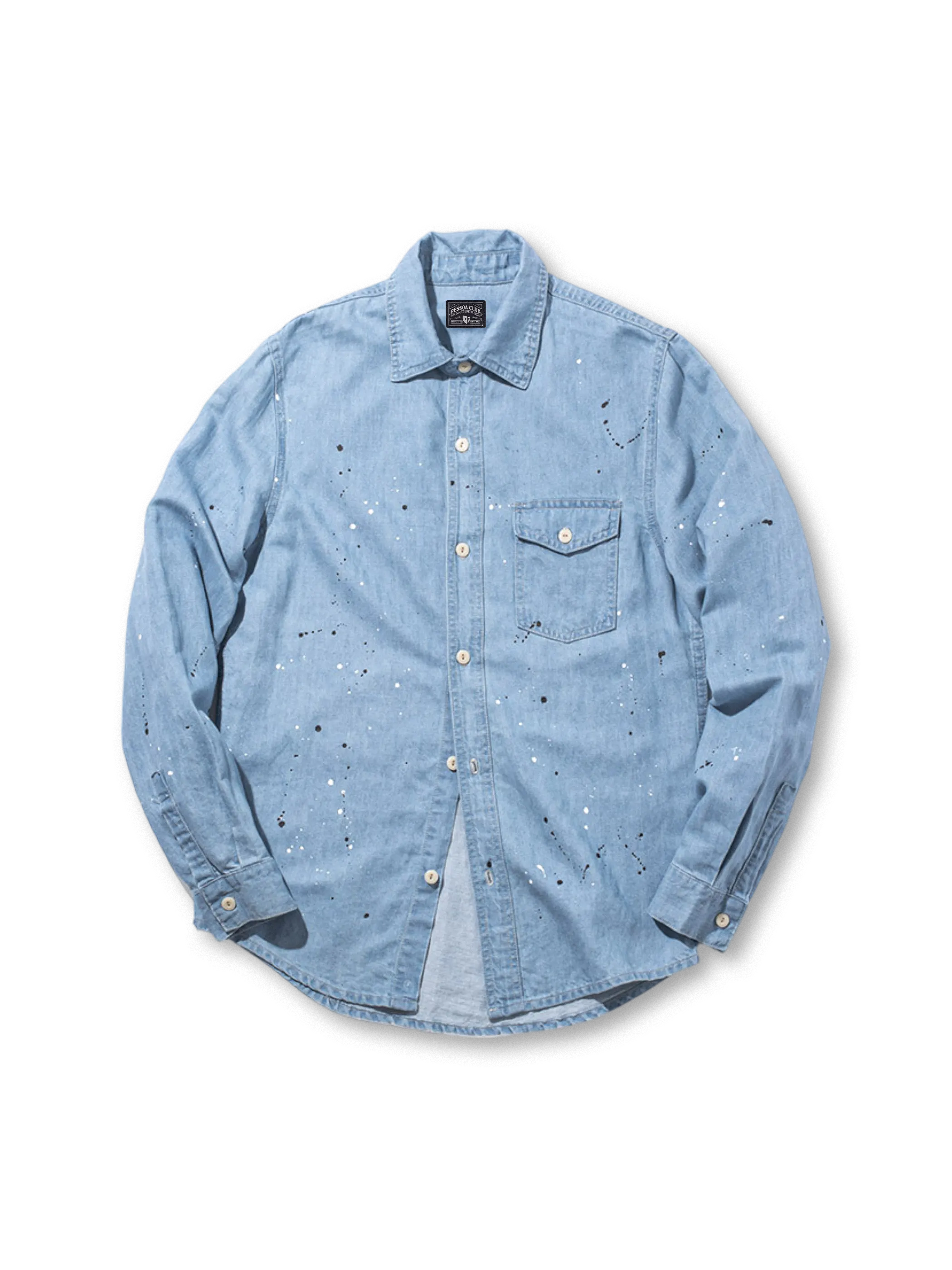 米海軍作業着由来のペイントスプラッター加工が特徴のデニムワークシャツ。