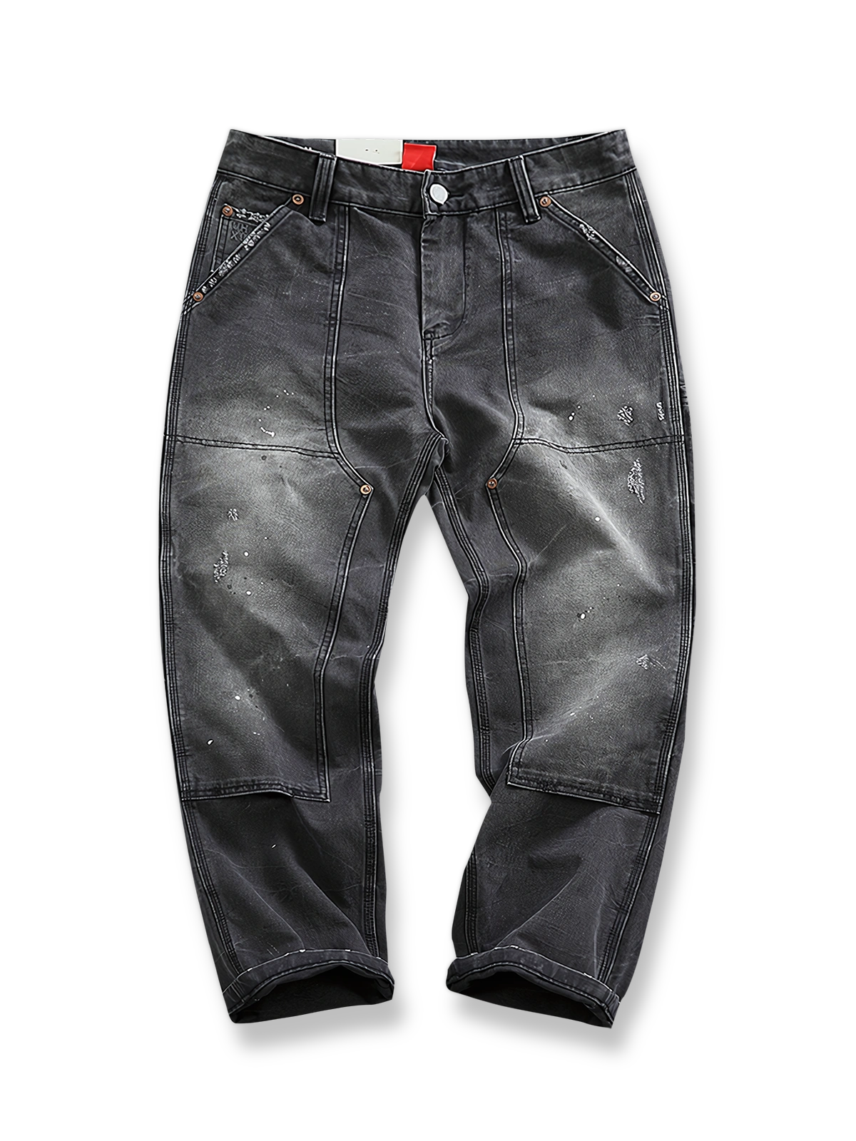 ペイント加工とダメージ加工が施されたヴィンテージ風ワークパンツ、耐久性のあるワークポケット付き