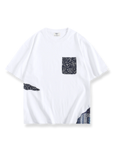 ペイズリーパッチワークのポケットが特徴のコットン半袖Tシャツ