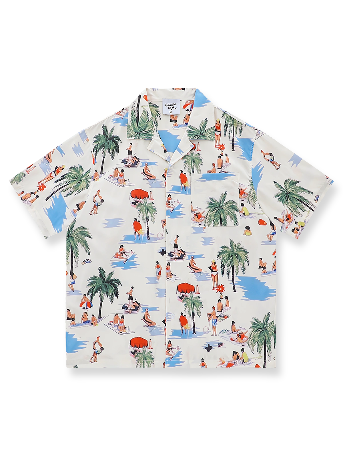 ヤシの木とビーチ柄のパターンが映えるアロハシャツの前面が見える商品画像