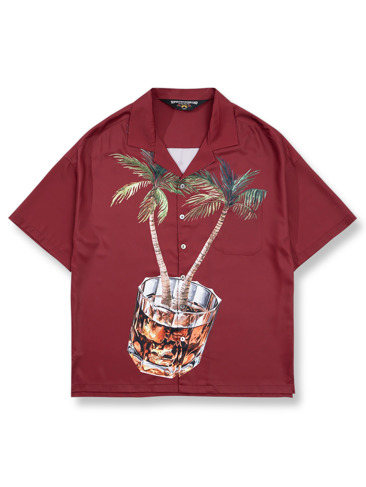 ヤシの木とウイスキーグラス柄アロハシャツ。