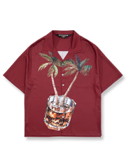 ヤシの木とウイスキーグラス柄アロハシャツ。