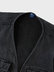 ウォッシュ加工 Vネック デニム ベスト