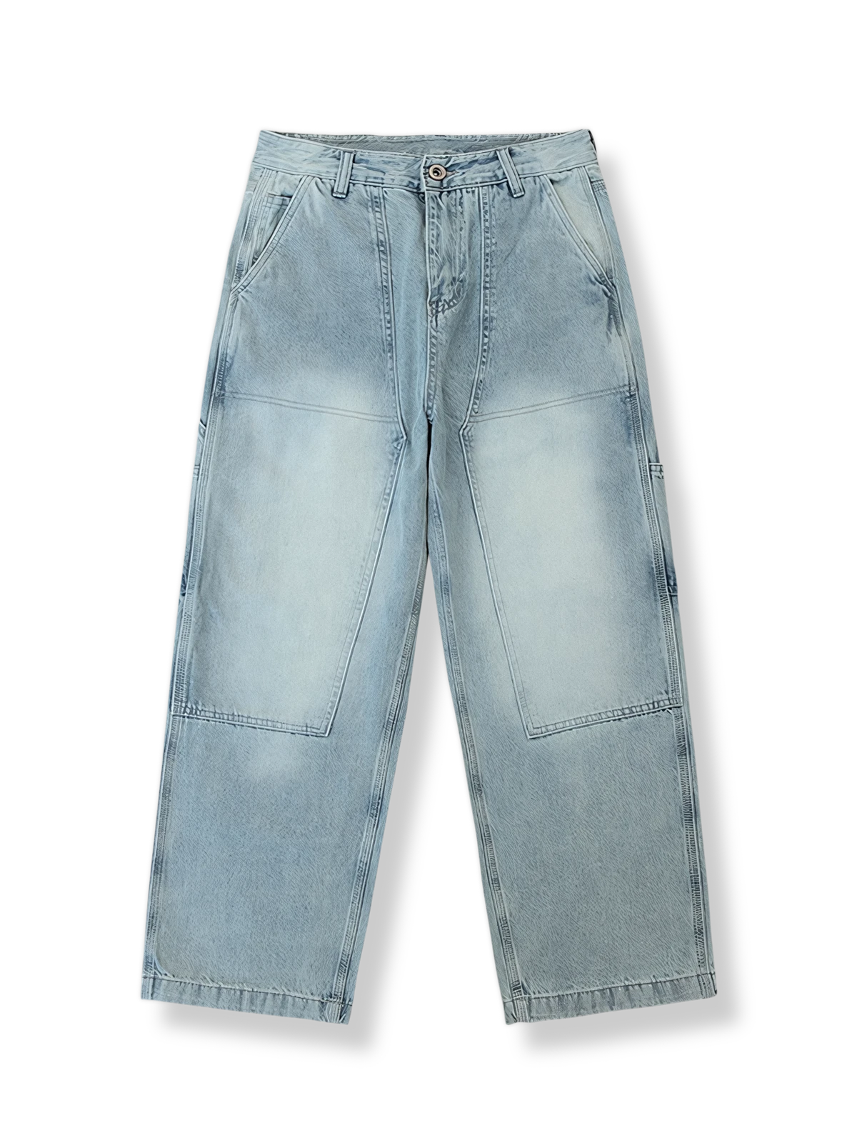 PARDONのライトブルーデニムに非対称パッチワークを施したストレートワークパンツ