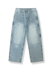 PARDONのライトブルーデニムに非対称パッチワークを施したストレートワークパンツ