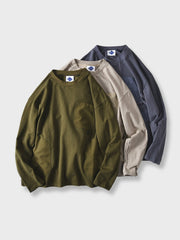 異素材 ポケット 丸襟 長袖Tシャツ