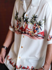 竹ボタン&車柄 白アロハシャツ