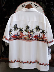 竹ボタン&車柄 白アロハシャツ