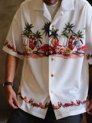 竹ボタン&車柄 白アロハシャツ