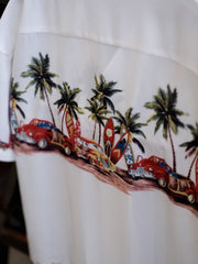 竹ボタン&車柄 白アロハシャツ