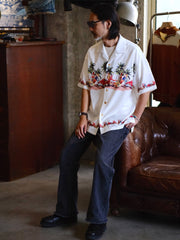 竹ボタン&車柄 白アロハシャツ