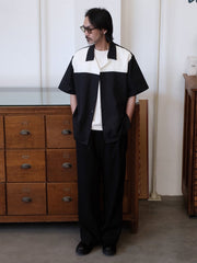 モノクロ パッチワーク キューバ襟シャツ