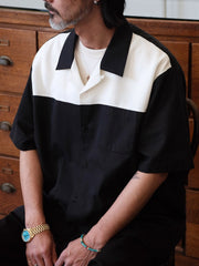 モノクロ パッチワーク キューバ襟シャツ