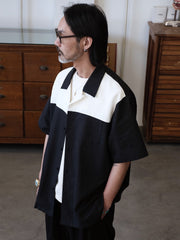 モノクロ パッチワーク キューバ襟シャツ
