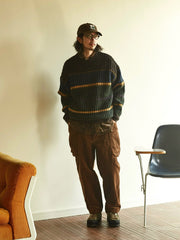 ストライプ柄 ドロップショルダーウール セーター