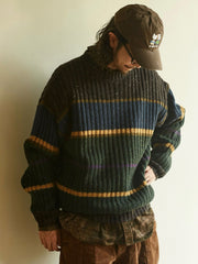 ストライプ柄 ドロップショルダーウール セーター