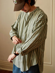 綿麻 ストライプ スタンドカラー シャツ