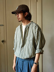 綿麻 ストライプ スタンドカラー シャツ