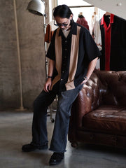 ストライプ 切り替え キューバ襟 シャツ