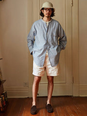 綿麻 ストライプ スタンドカラー シャツ