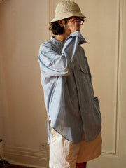 綿麻 ストライプ スタンドカラー シャツ